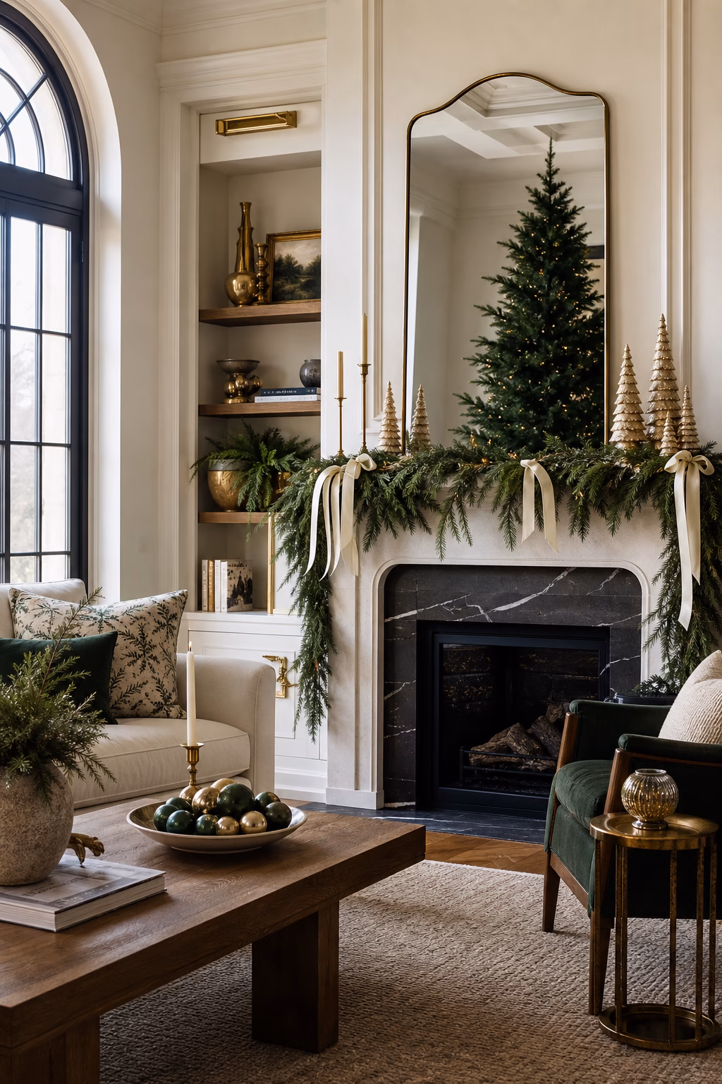 Refined forest green brass and ivory holiday palette in an elegant living room