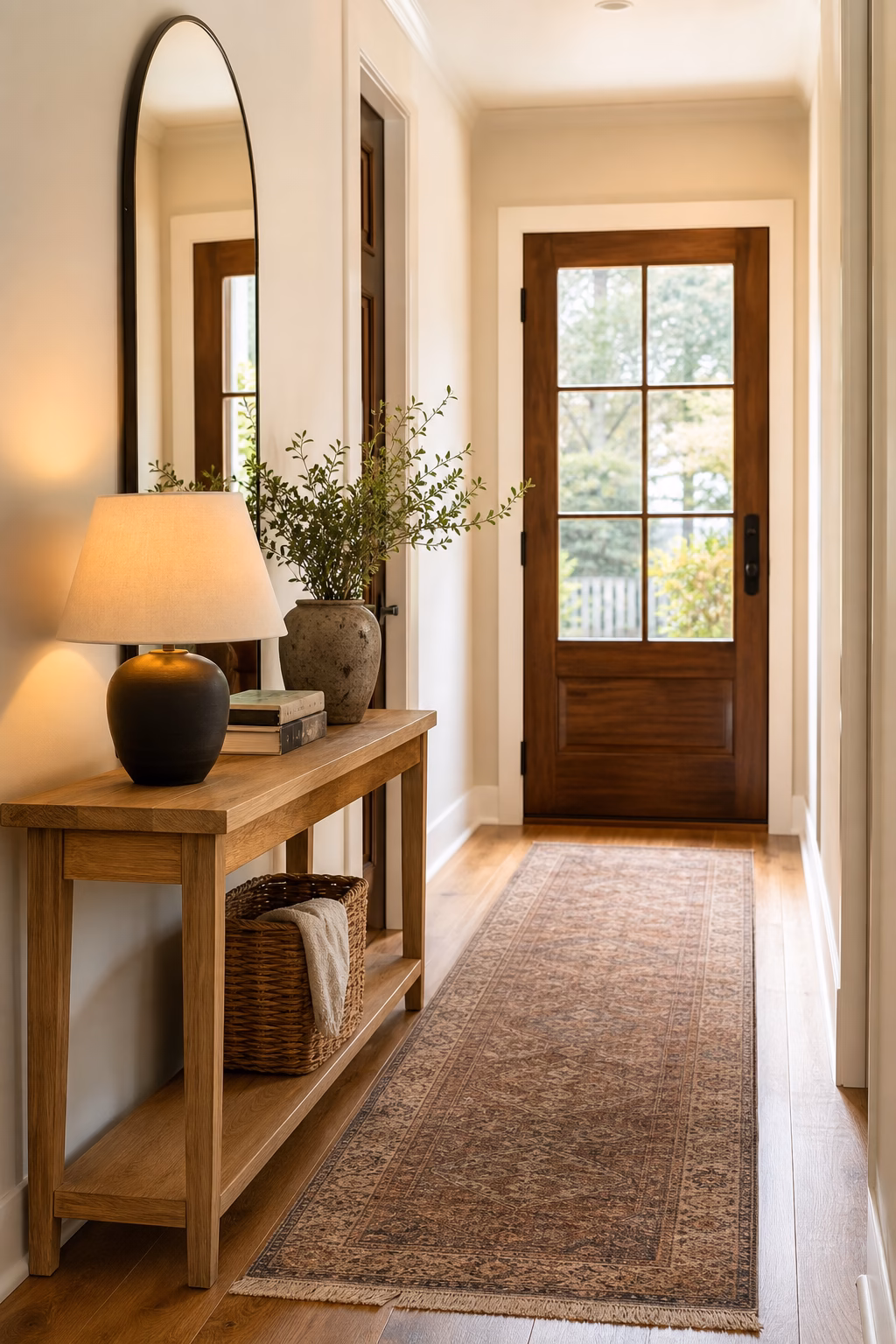Cozy entryway with wood console lamp woven basket and warm hallway view