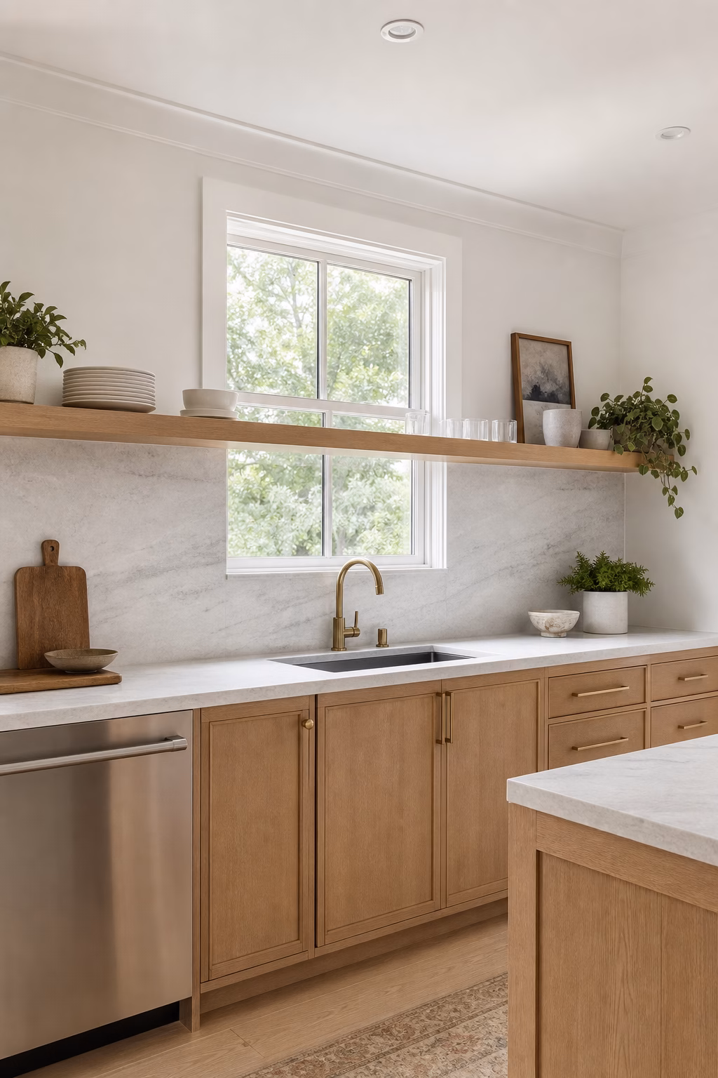 Modern kitchen with one long open shelf across the sink wall and edited everyday dishes.
