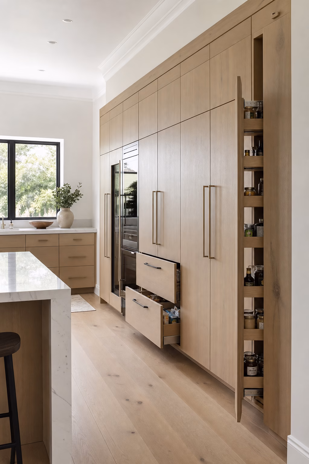 Luxury kitchen with a full-height pantry wall, aligned cabinet doors, and deep storage drawers.