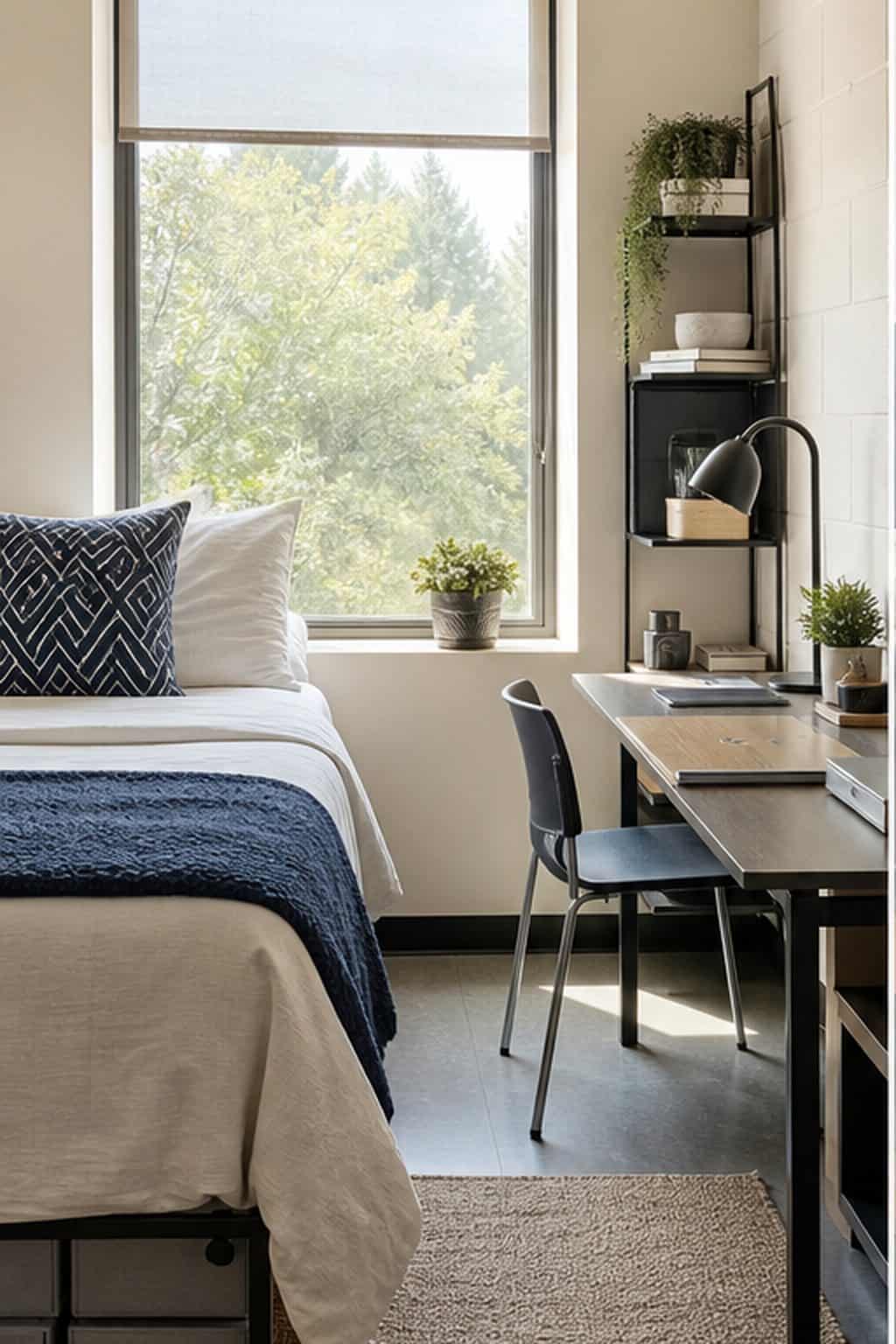 Single dorm room with a floated bed, dedicated study wall, compact desk, and open floor path.
