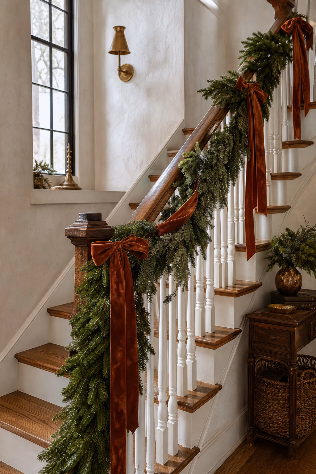 Velvet ribbon woven through evergreen stair garland in a refined hallway