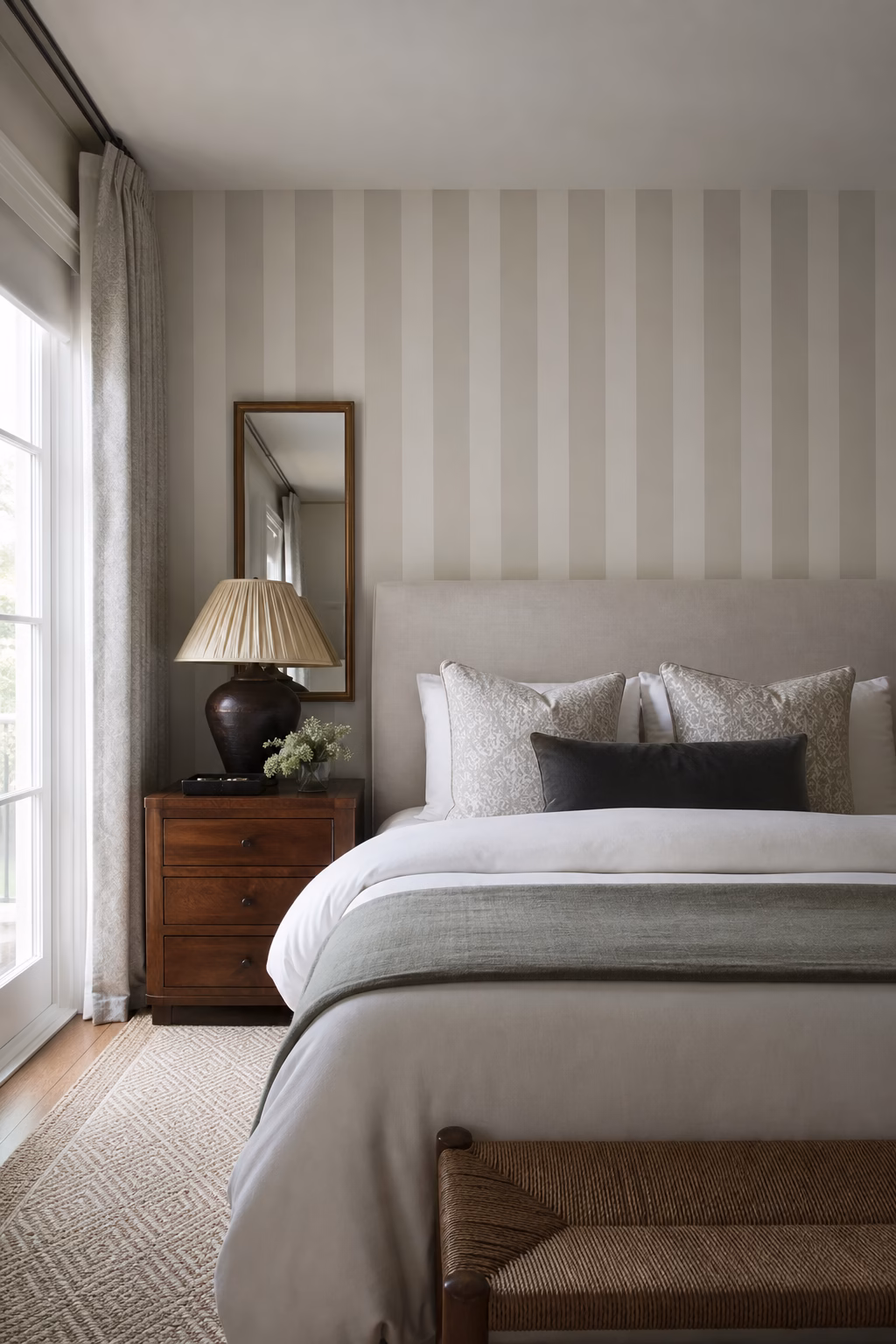Soft vertical stripe decals visually lifting a low bedroom ceiling