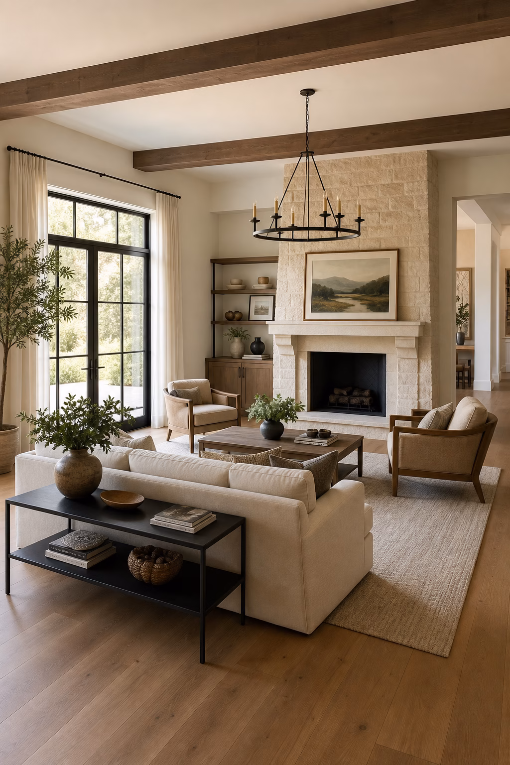 Living room seating pulled away from the walls to create a cozy conversation area.