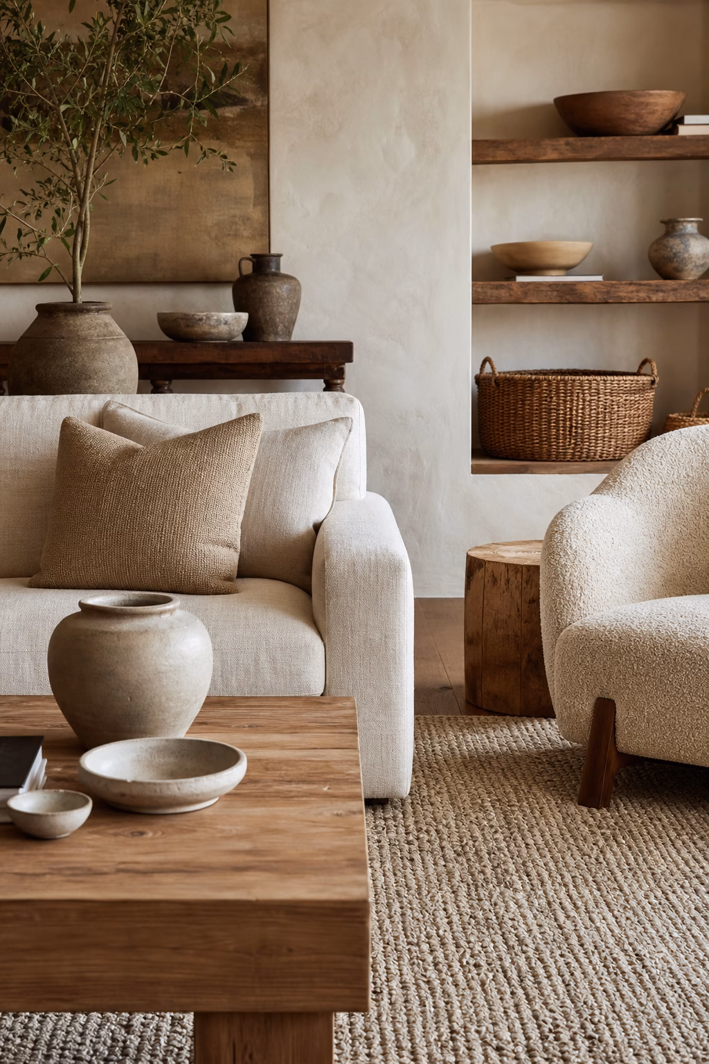 Neutral living room layered with linen boucle wool woven baskets and matte ceramics