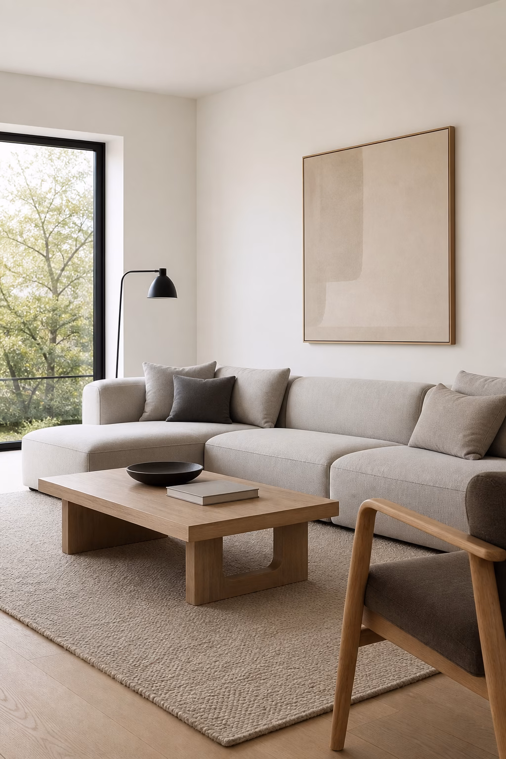 Minimalist living room with warm white pale oak soft gray upholstery and quiet contrast