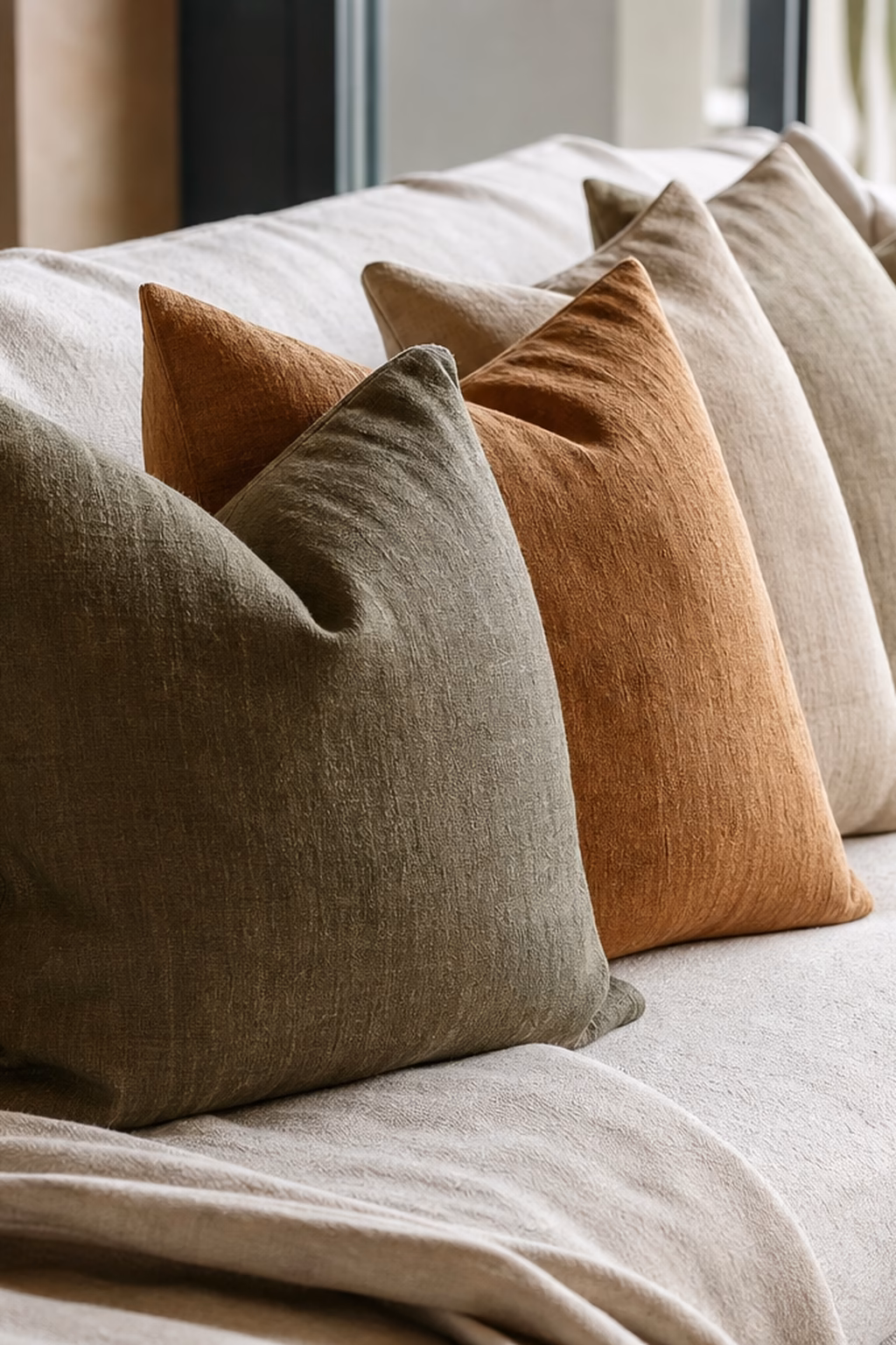 Linen throw pillow covers in earthy colors styled on a neutral sofa.