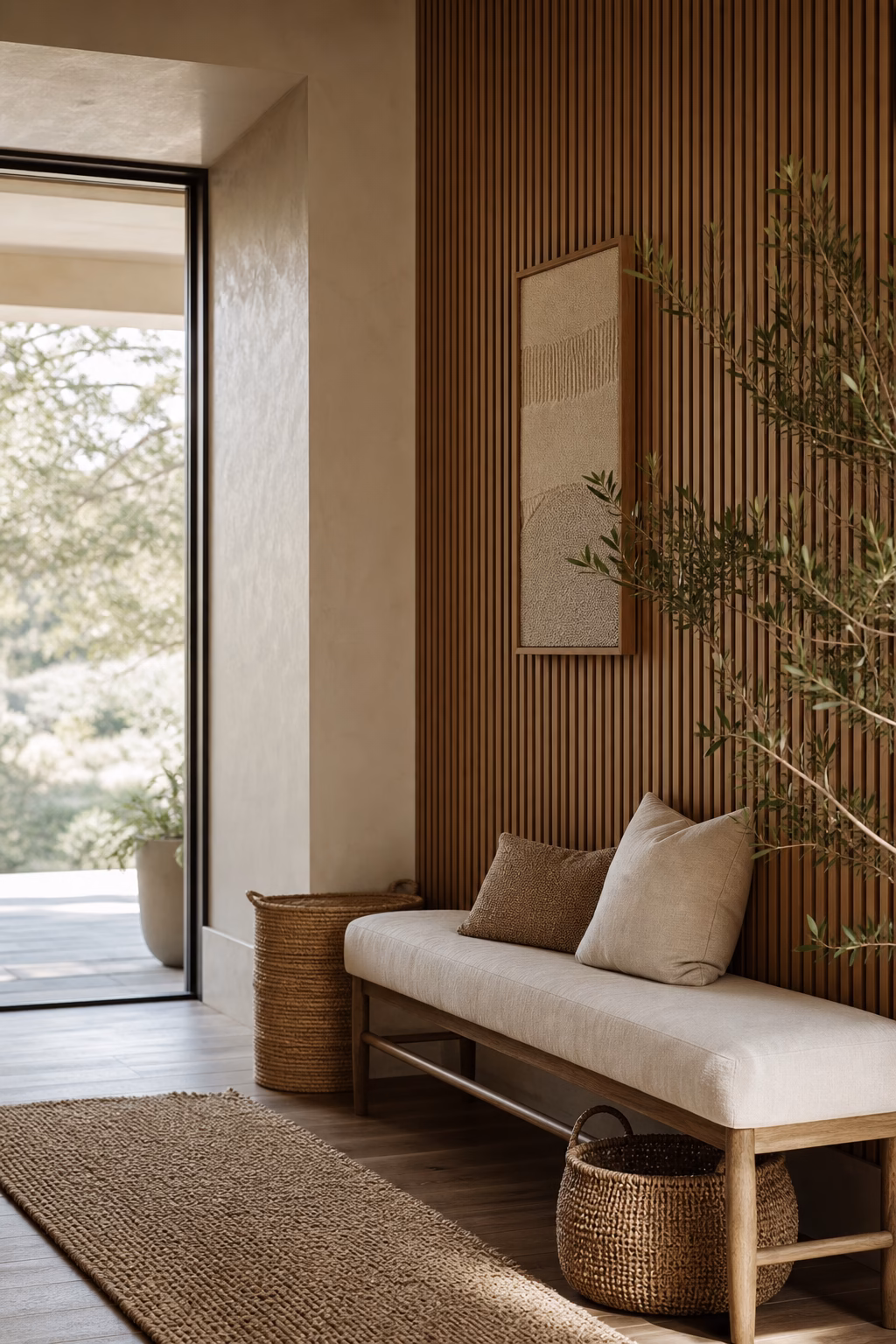 Vertical oak slats creating quiet rustic texture in an entry