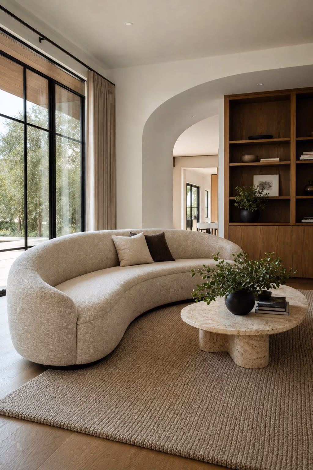 Tailored curved sofa softening an elevated living room
