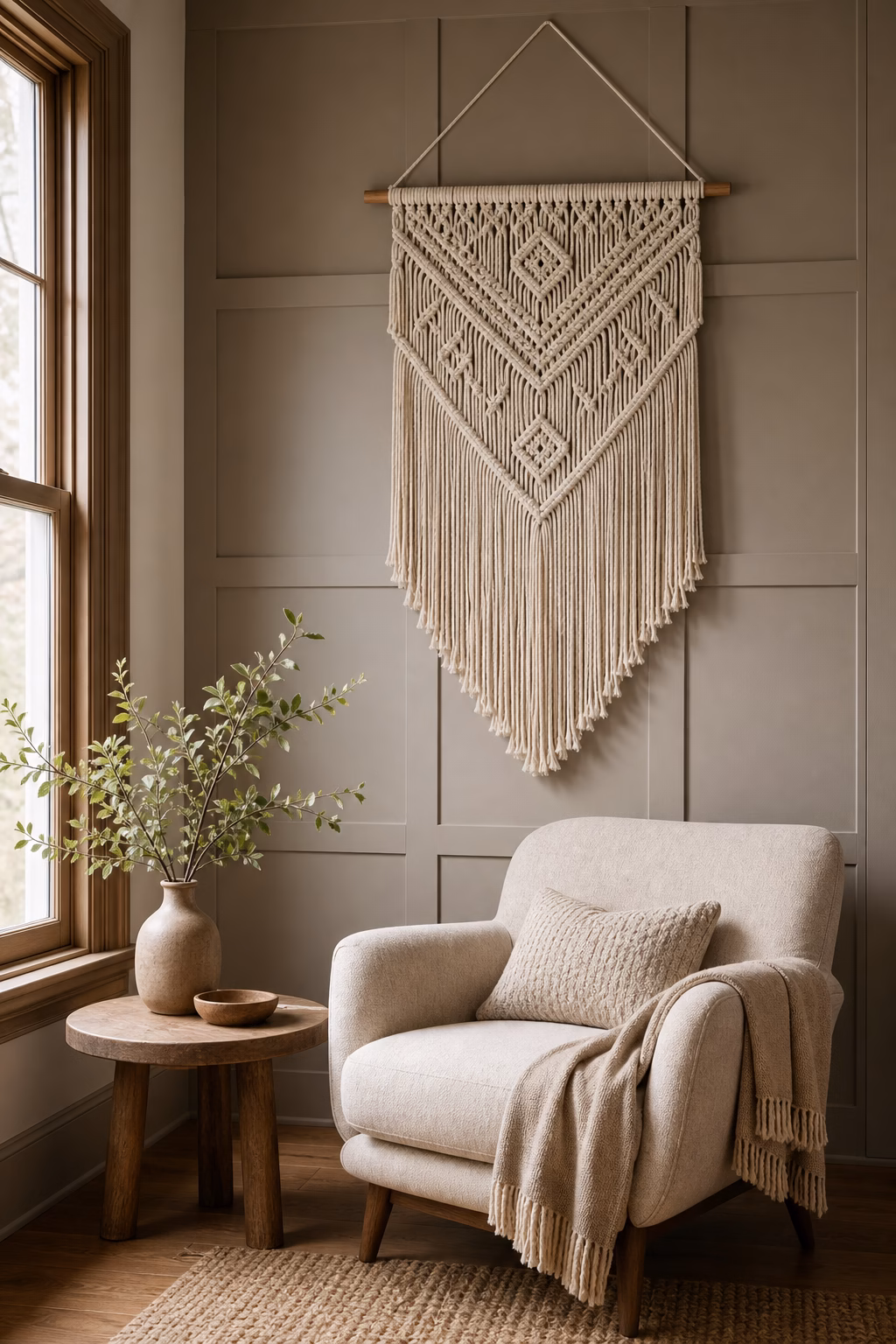 Macrame wall hanging layered over painted paneling in a cozy reading corner.