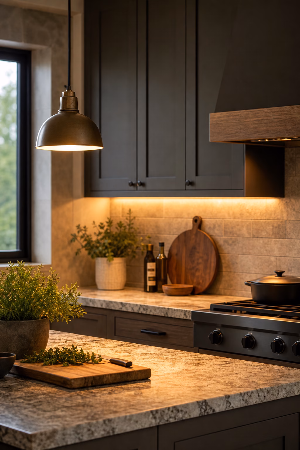 Kitchen counter with focused pendant and under cabinet task lighting