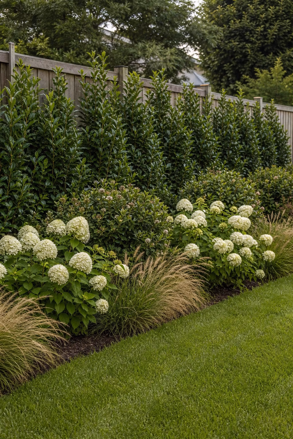 Layered mixed-height hedge creating backyard privacy.