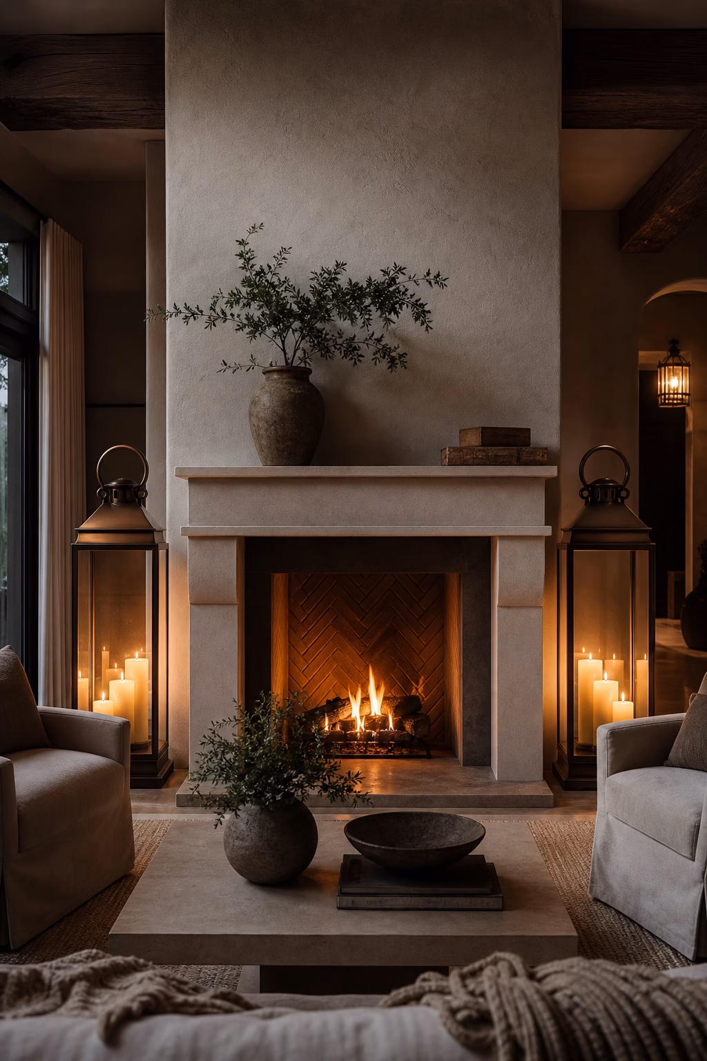 Oversized floor lanterns framing a plaster fireplace hearth