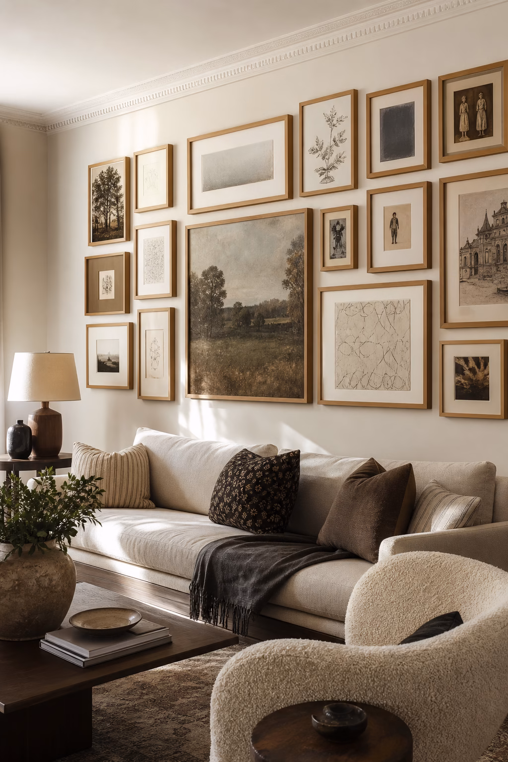 Salon wall of mixed living room artwork in consistent oak frames