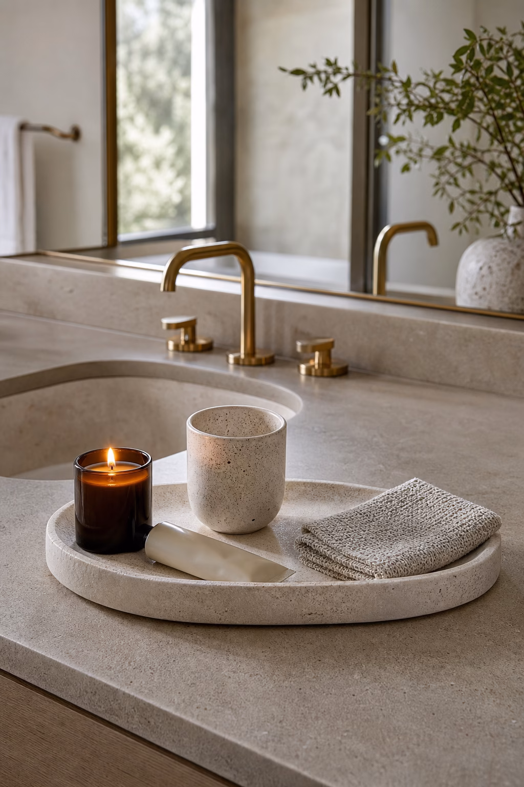 Oval stone vanity tray with candle ceramic cup and folded washcloth