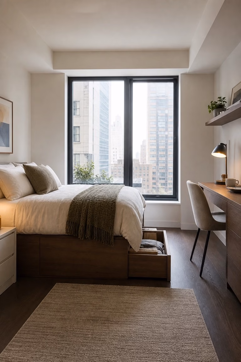 Studio apartment storage bed with a low foot-end drawer and clear walkway.