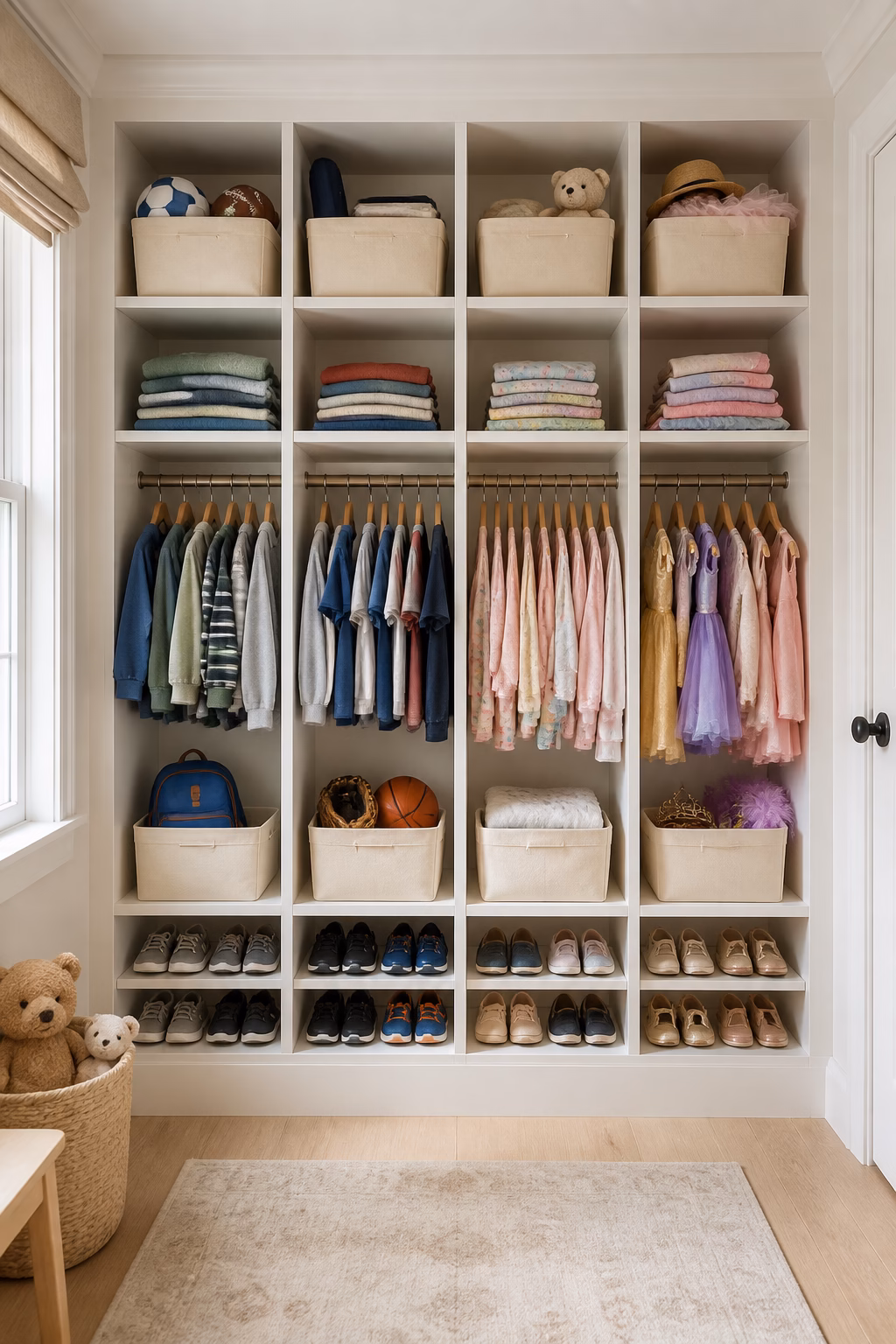 Children's closet with open cubbies for folded clothes, shoes, baskets, and activity-based storage zones.