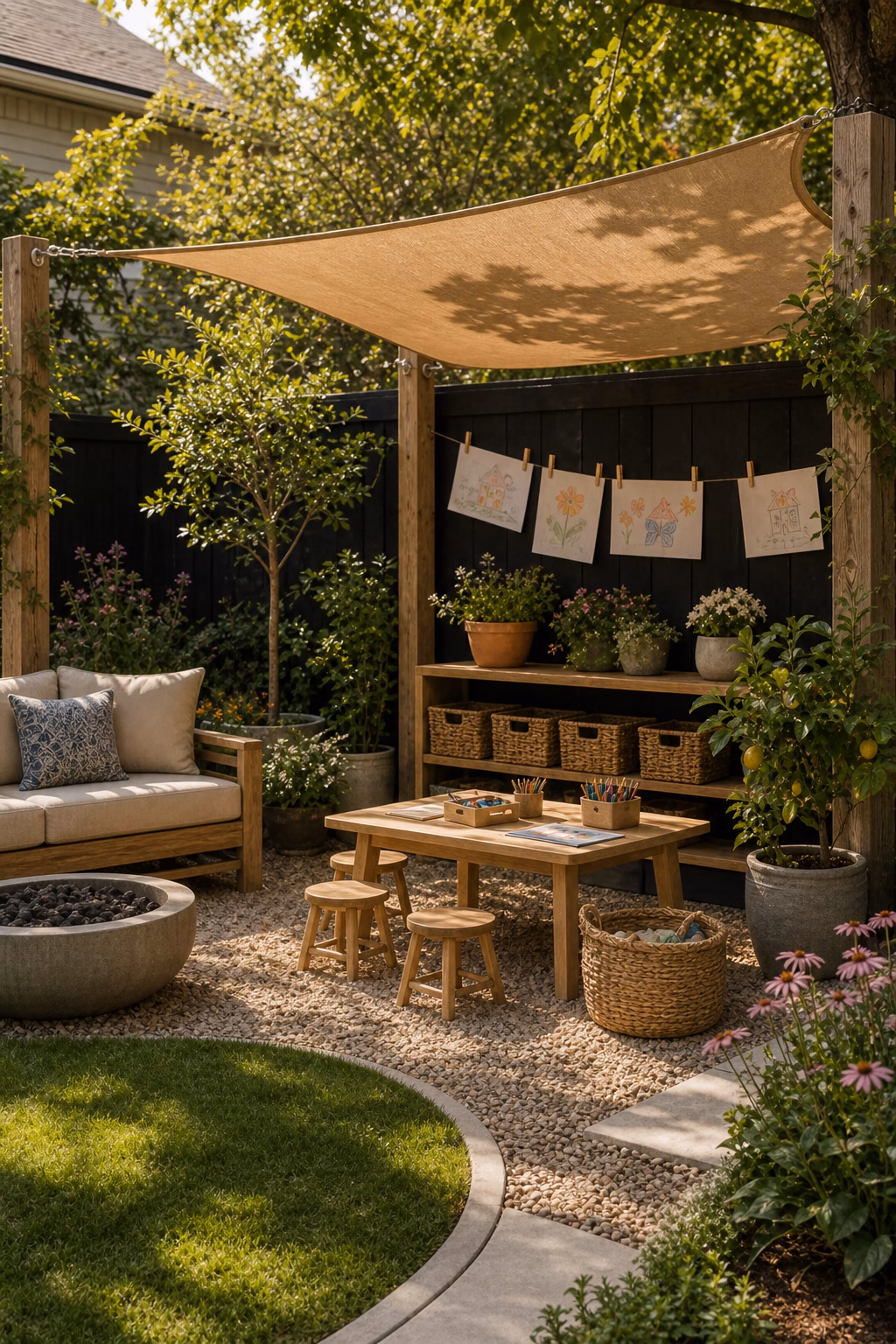 add a shaded activity corner shown in a polished kids backyard with realistic materials and natural light.