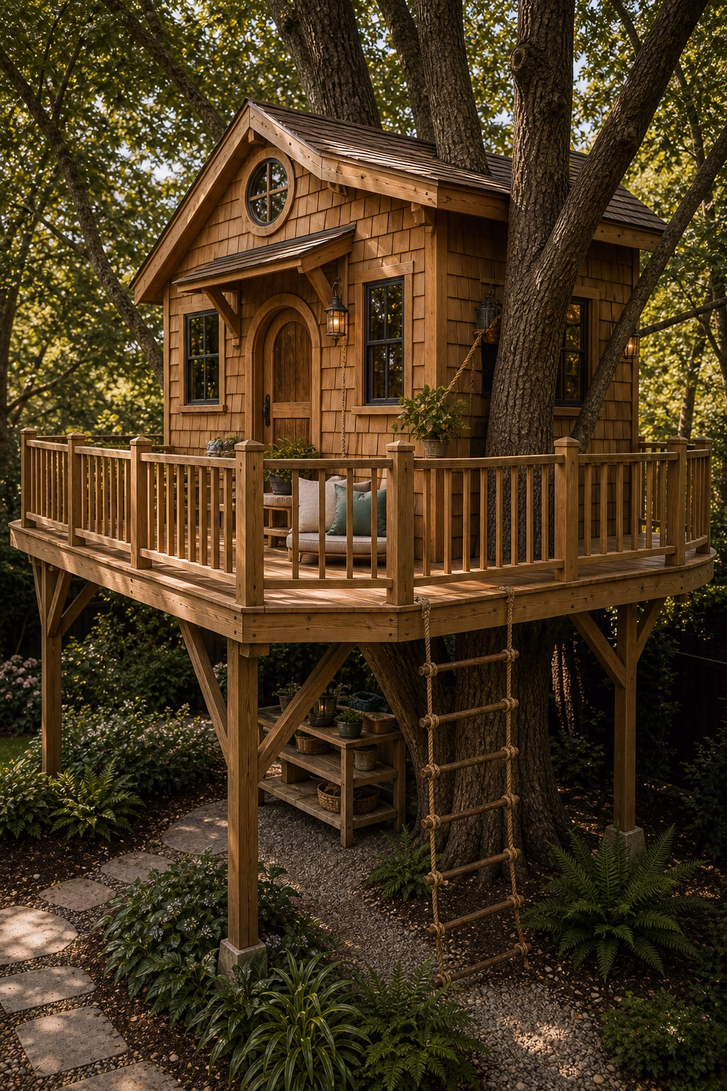 use a wraparound deck for adventure shown in a polished treehouse with realistic materials and natural light.
