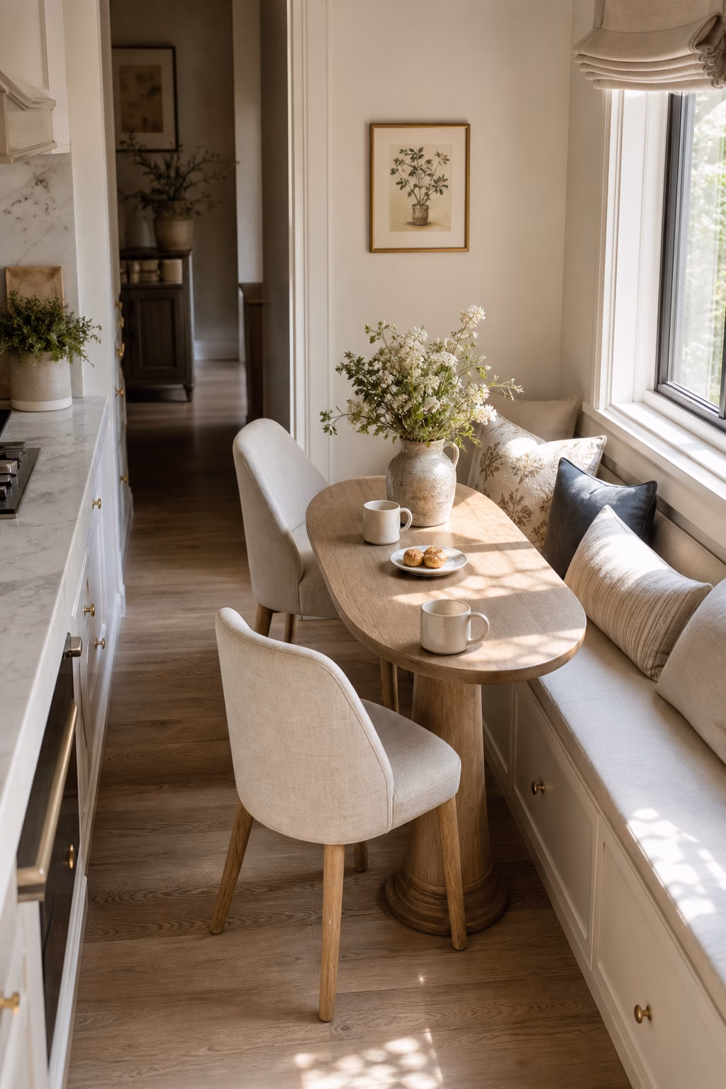 Small breakfast nook with a narrow oval table and practical circulation.