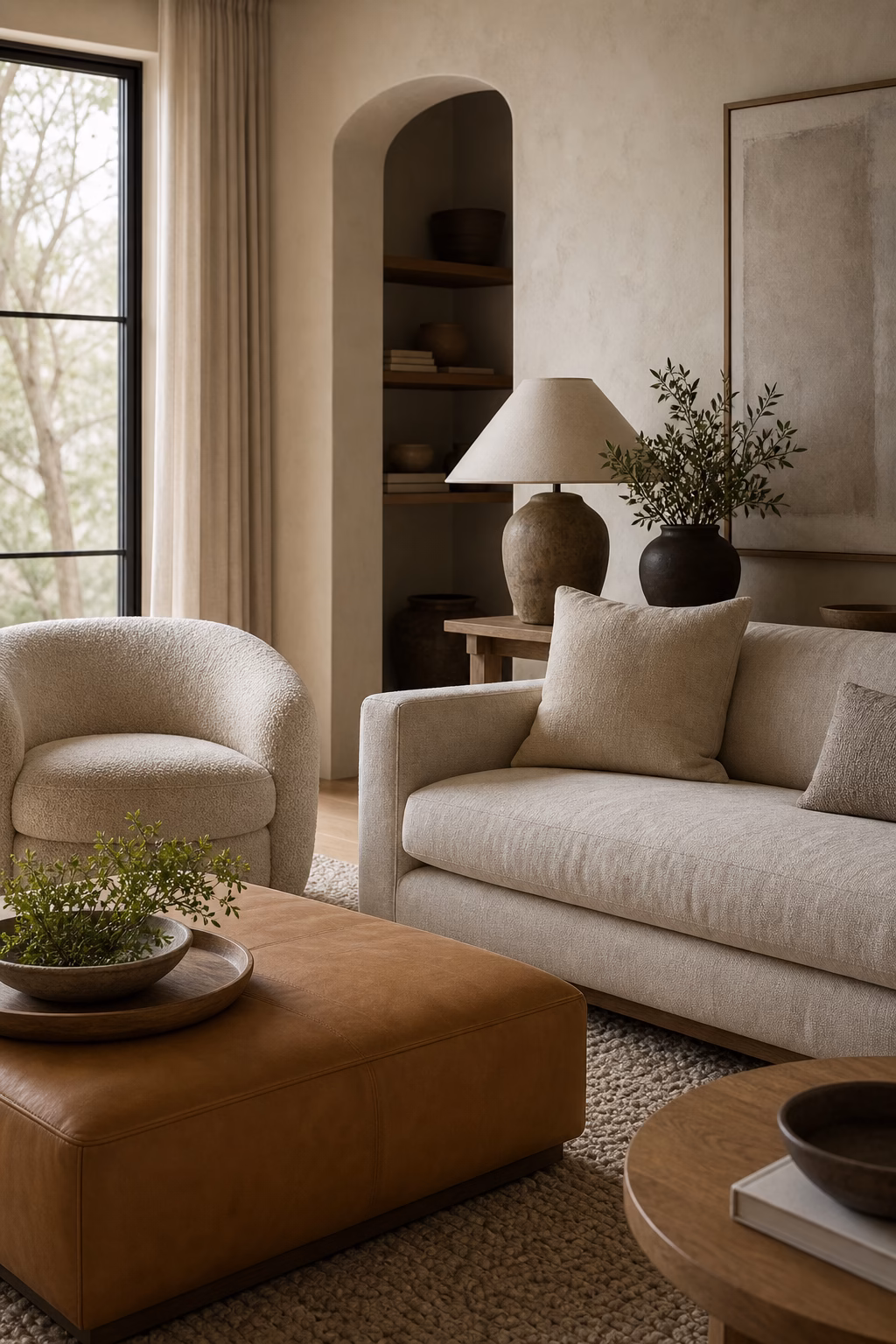 Boho living room with rattan lounge chairs and sculptural wood coffee table