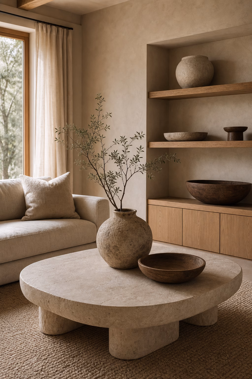 Honed travertine coffee table anchoring a refined modern living room