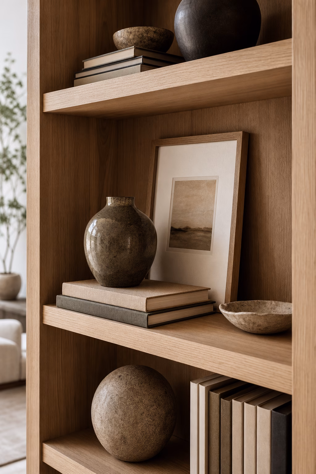 Small framed artwork leaned behind objects on a styled shelf