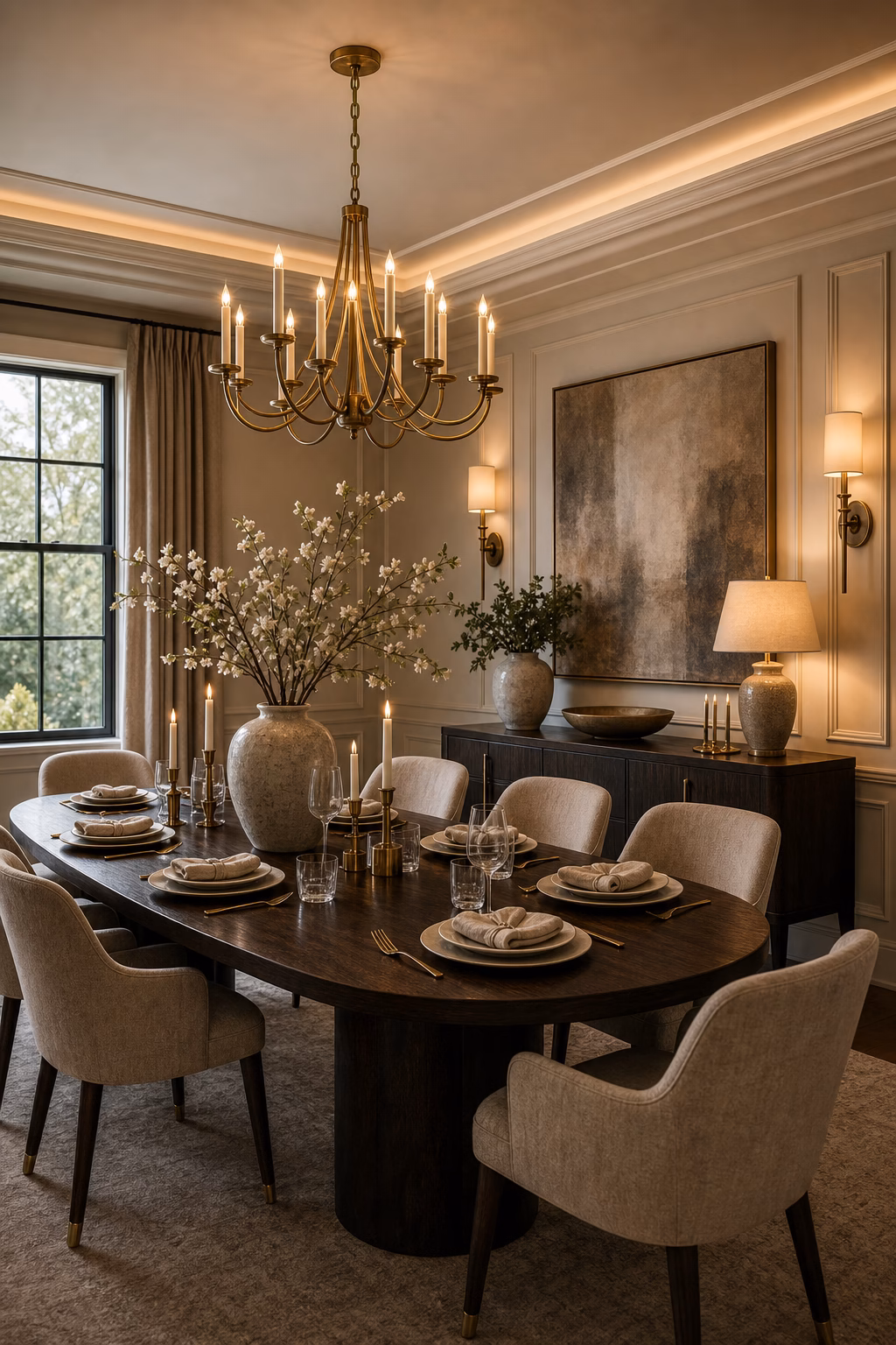 layer lighting like a formal room shown in a polished luxury dining room with realistic materials and natural light.
