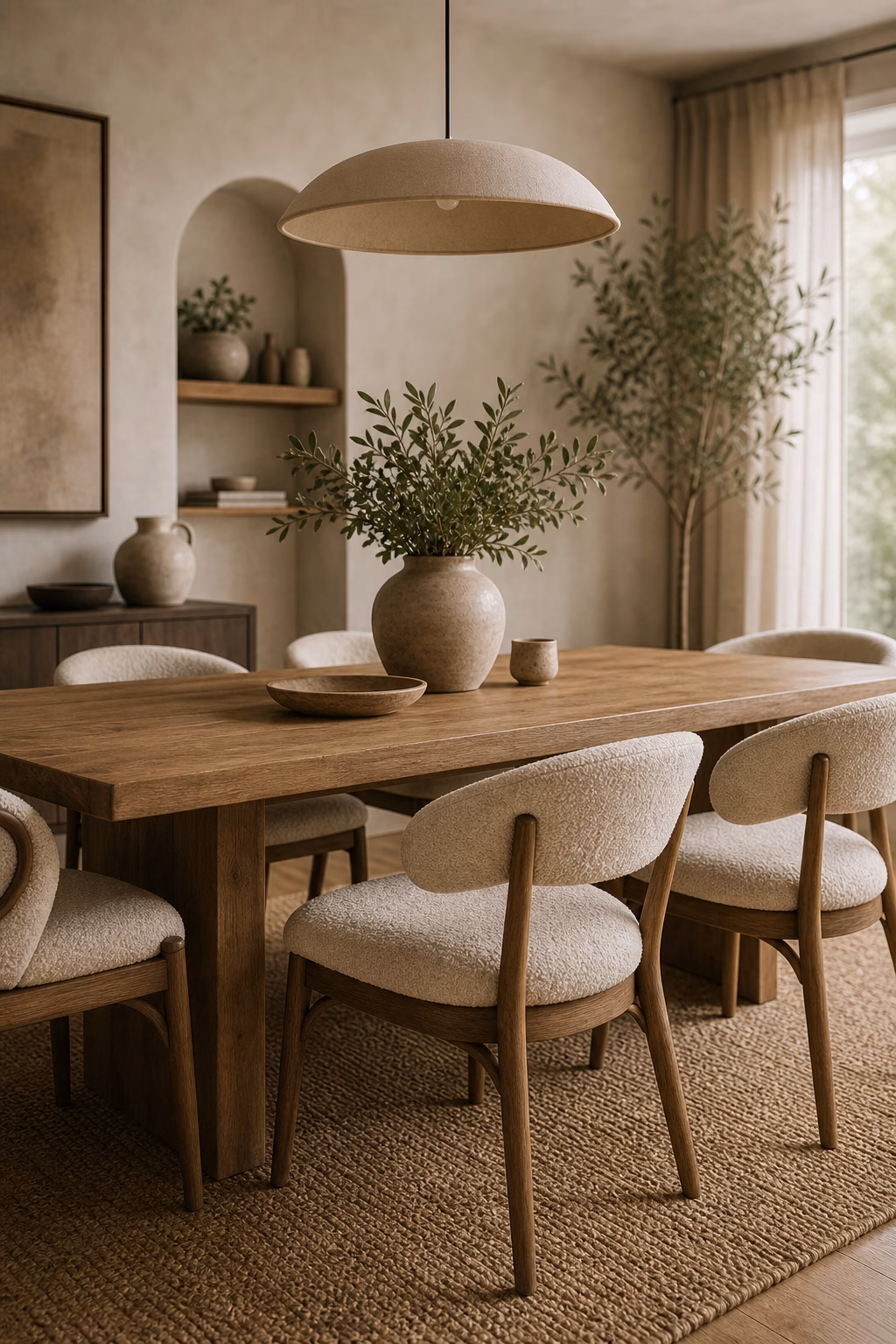 choose curved chairs with texture shown in a polished organic modern dining room with realistic materials and natural light.
