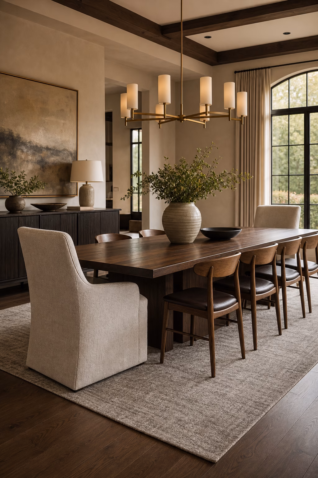 Mixed upholstered and wood dining chairs around a contemporary dining table.