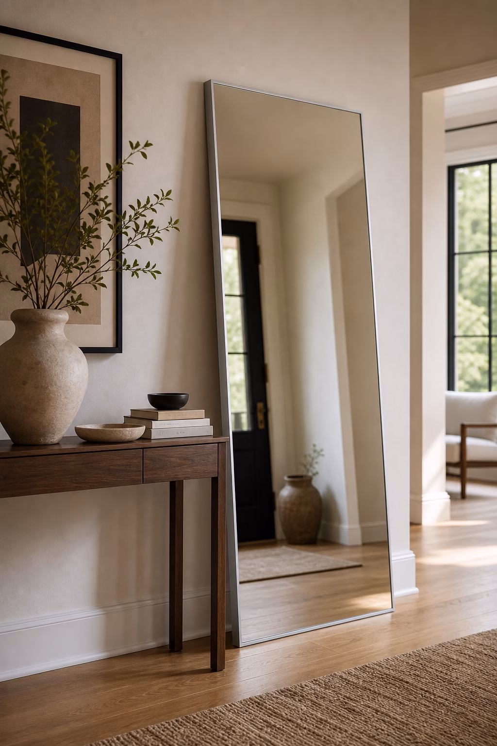 Tall Hovet style mirror paired with a narrow walnut console in a foyer