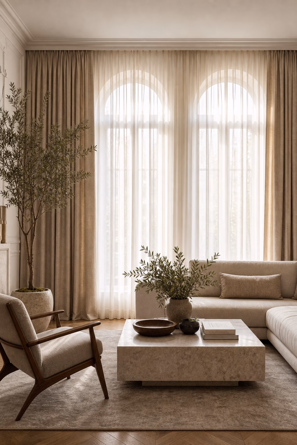 Layered sheer and linen drapes filtering daylight in a luxury living room