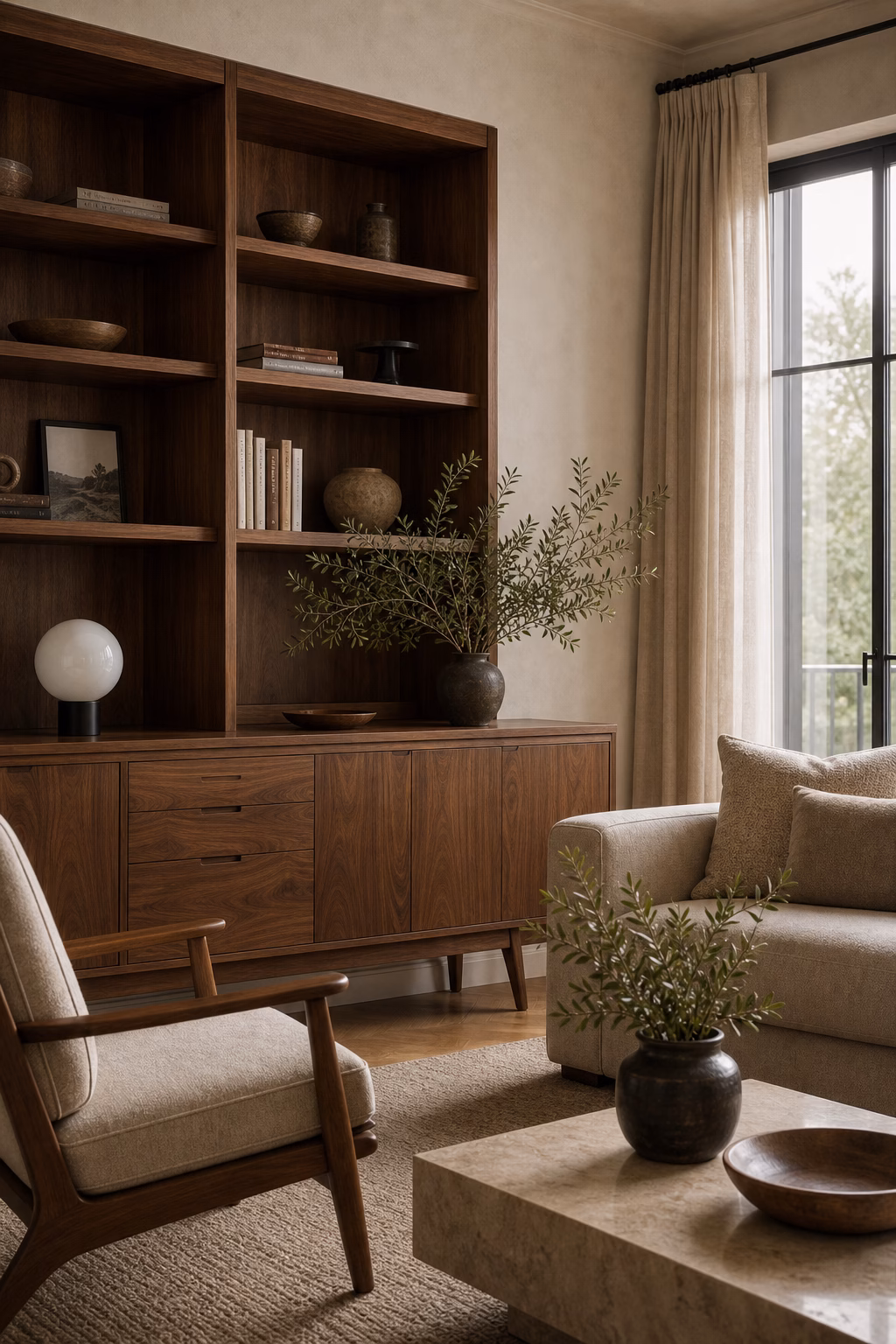 Walnut storage wall and mid-century seating in an elegant living room