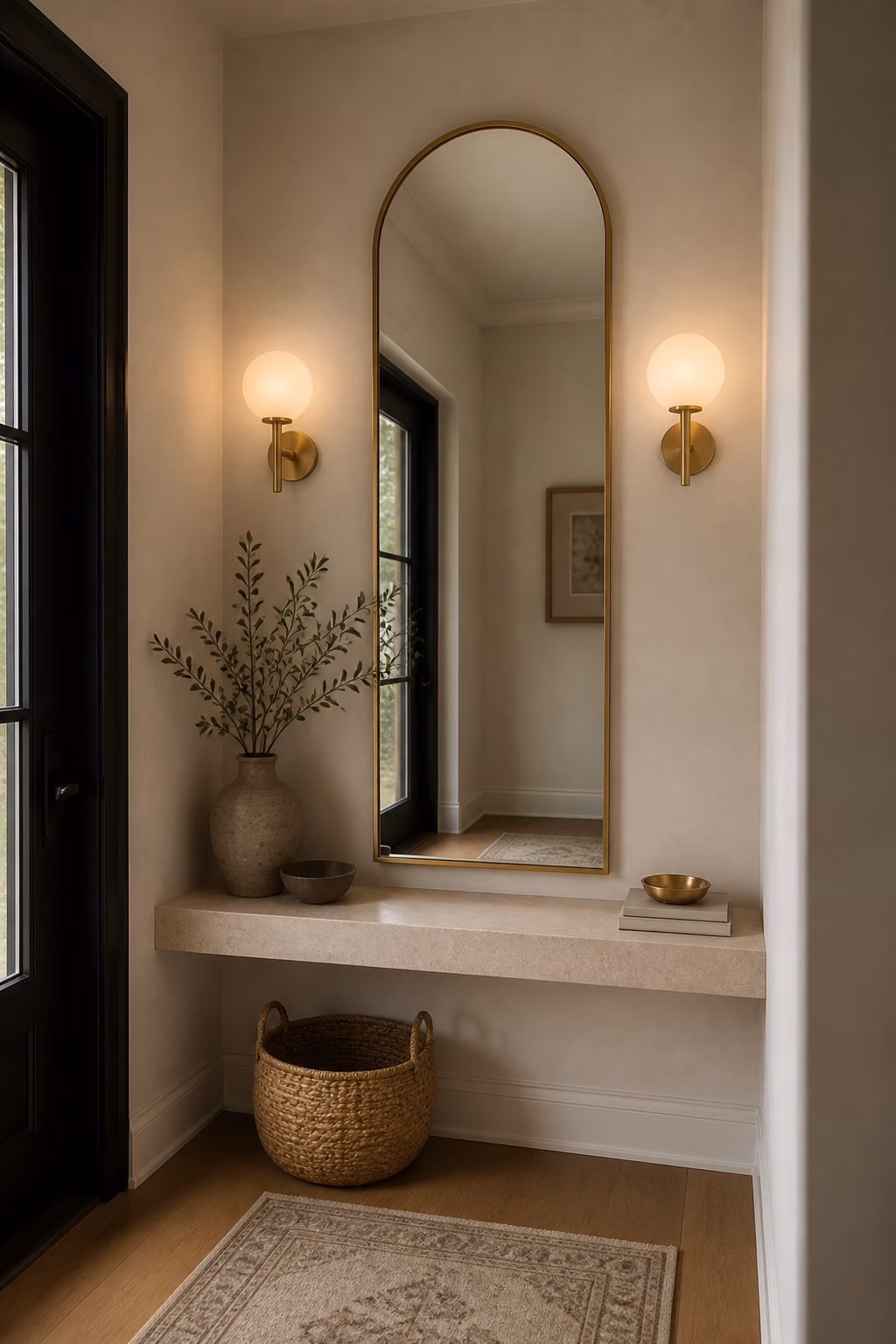 Tall arched mirror between sconces in a compact entry niche