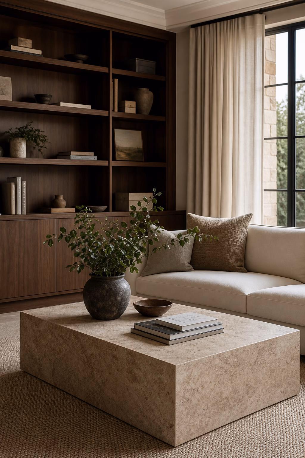 Living room with dark walnut cabinetry and light upholstery