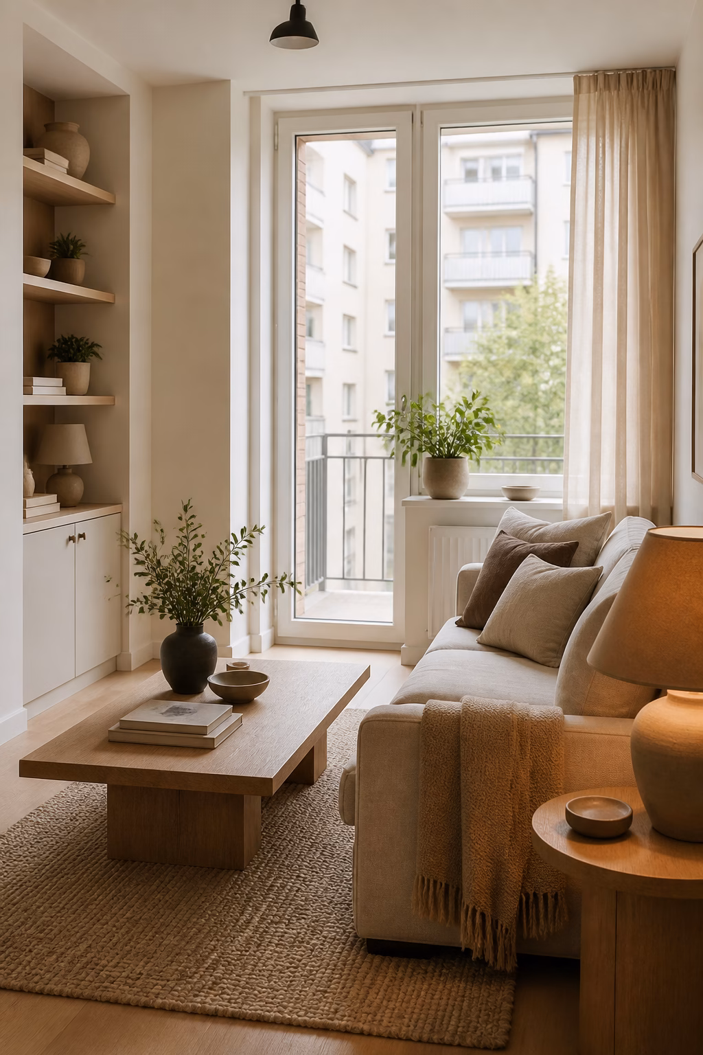 Warm neutral small apartment with layered cream taupe and wood tones