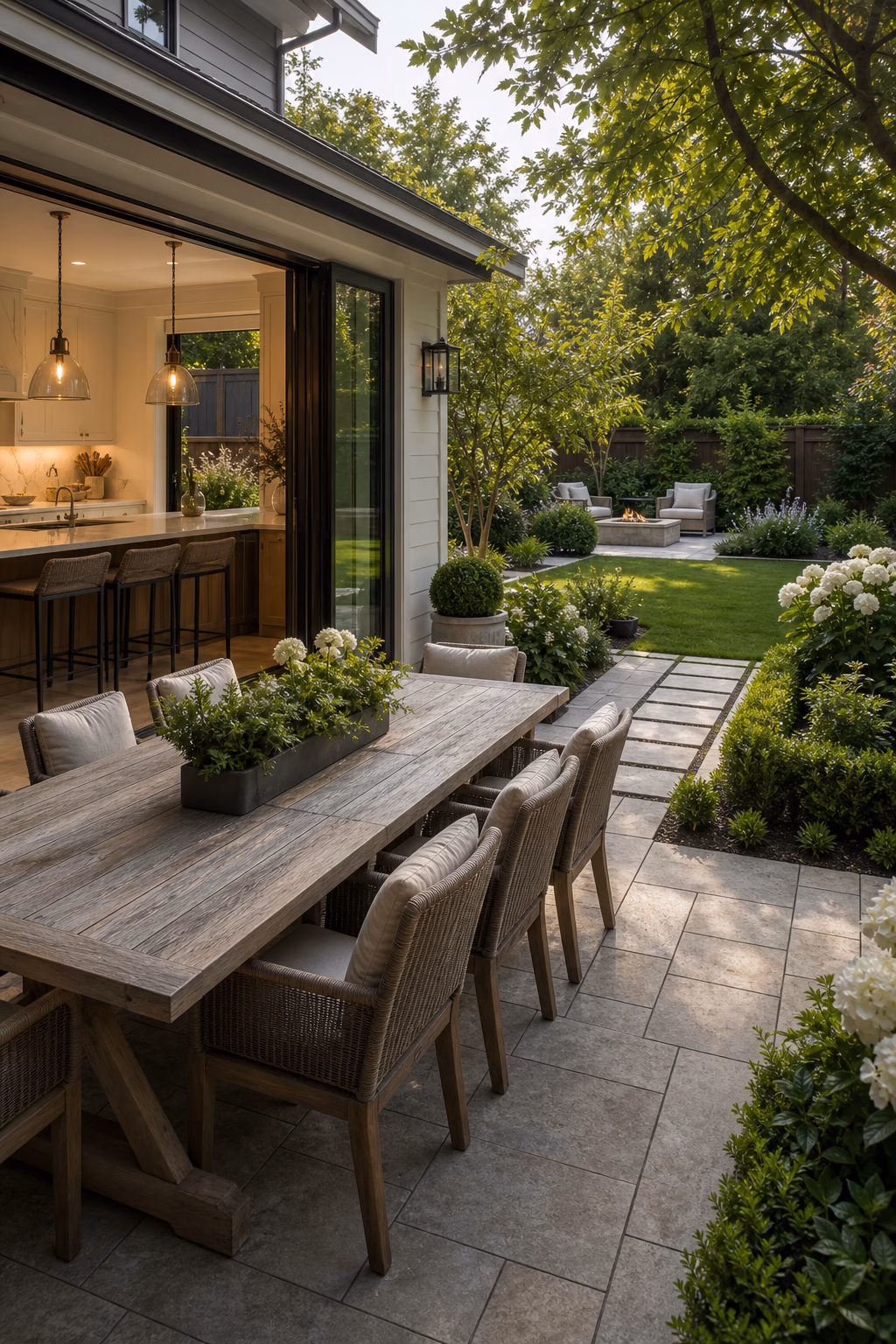 Backyard dining terrace beside kitchen doors with stone pavers, outdoor table, and clear access to lawn.