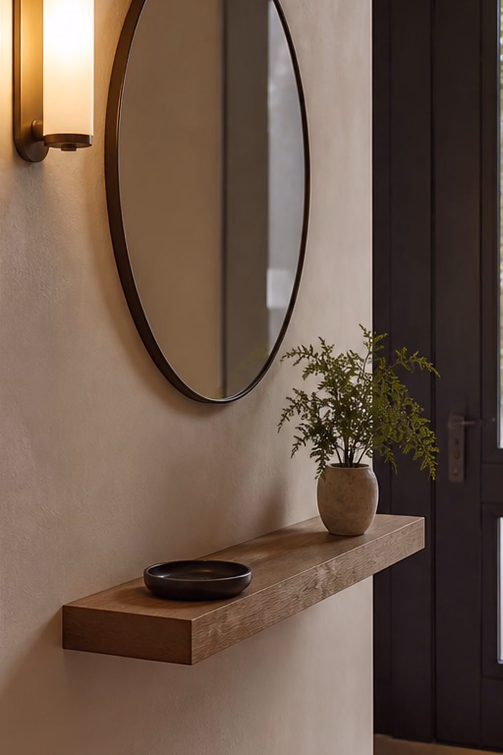 Round mirror paired with a slim wall sconce in a small entry