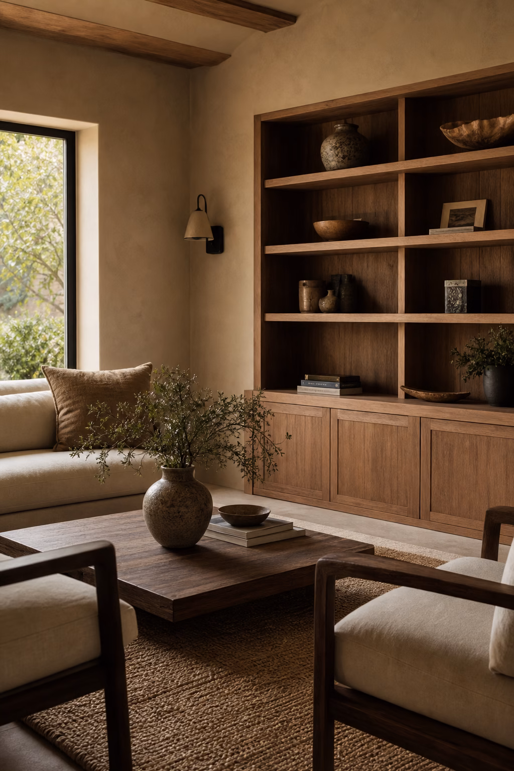 Living room with visible grain wood shelves table and chair arms