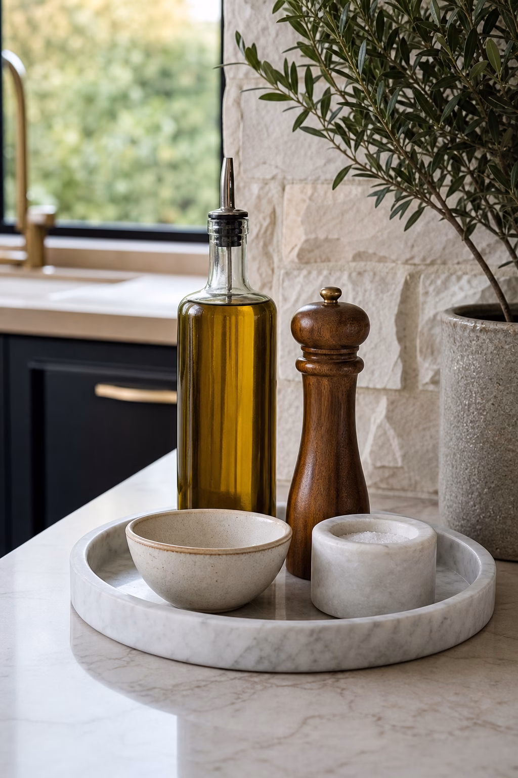 Marble tray grouping daily kitchen counter items with a sleek look