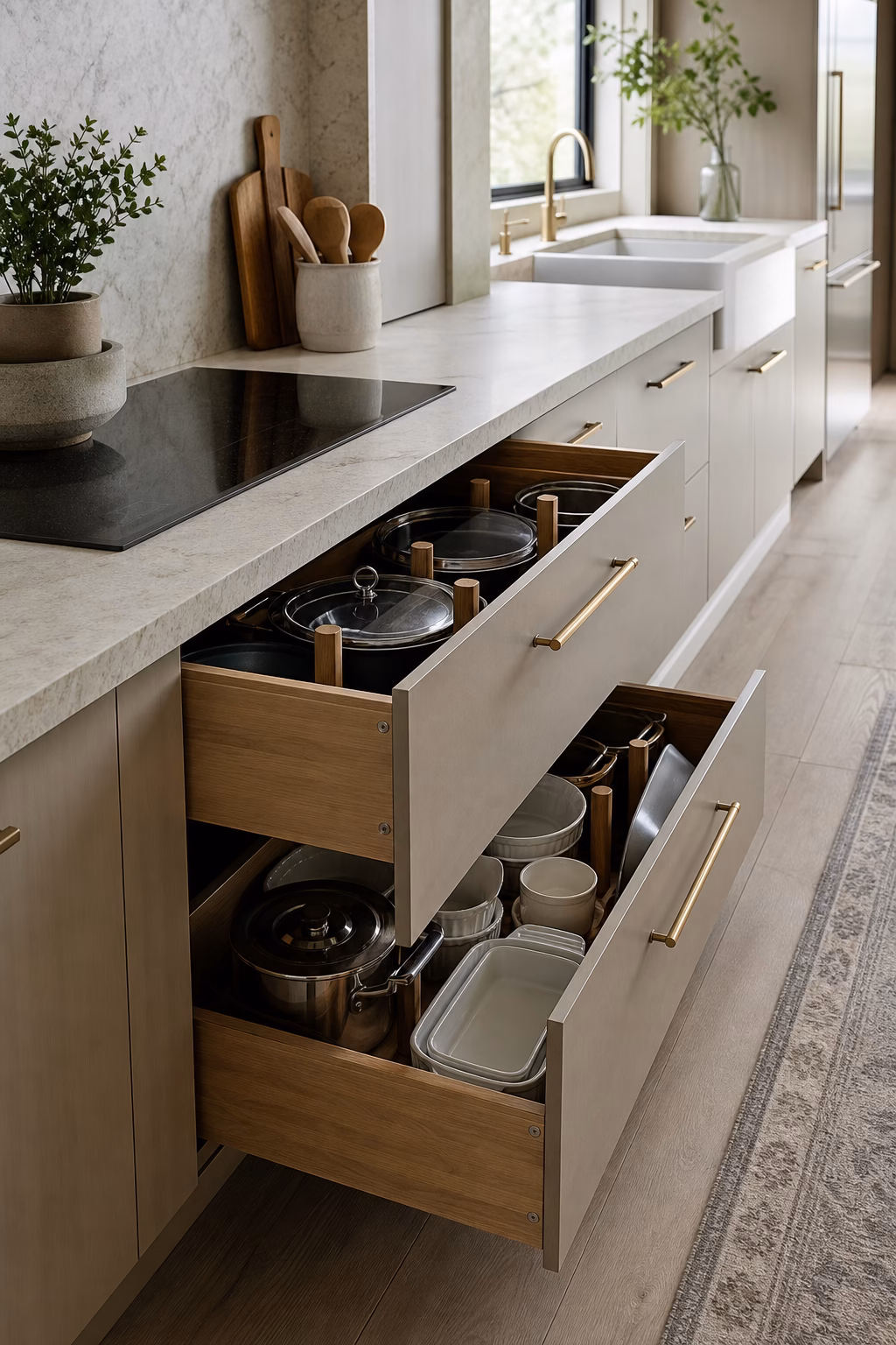 Modern kitchen with deep lower drawers, organized cookware, and clean flat cabinet fronts.