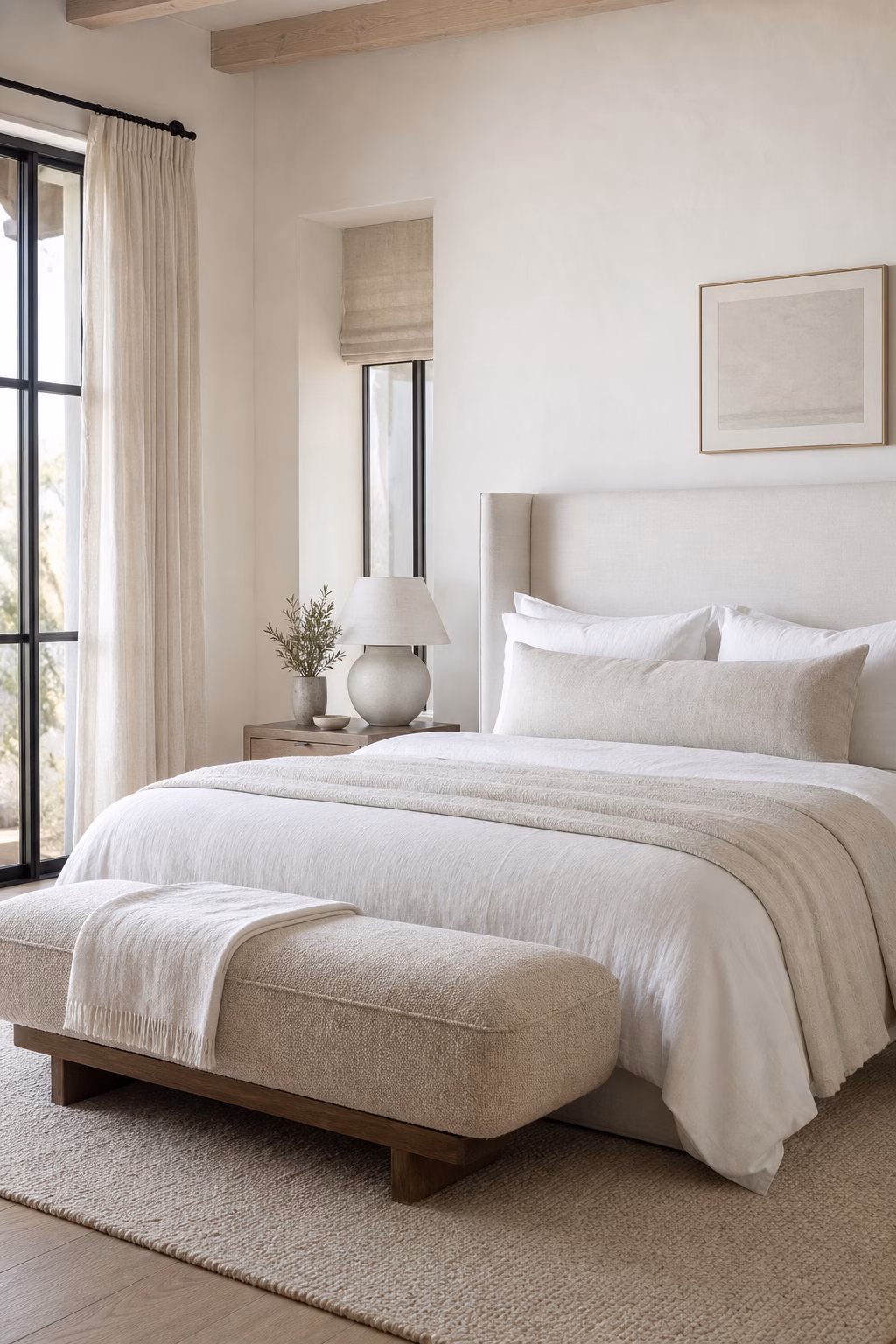 White bedroom layered with ivory bedding, chalk walls, linen curtains, and oatmeal upholstery.