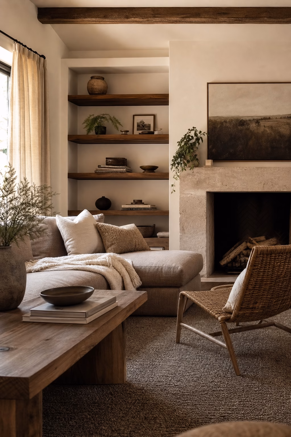 Warm neutral cosy living room with cream taupe wood and soft daylight