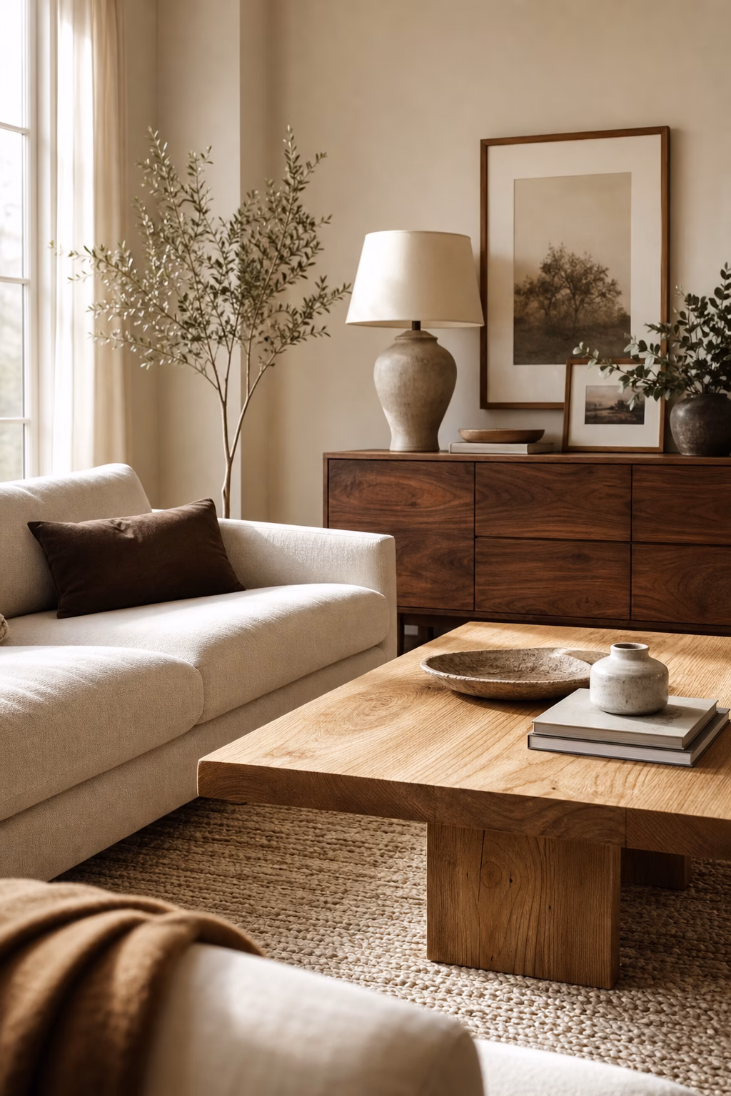 Neutral living room with oak coffee table walnut sideboard framed art and soft daylight