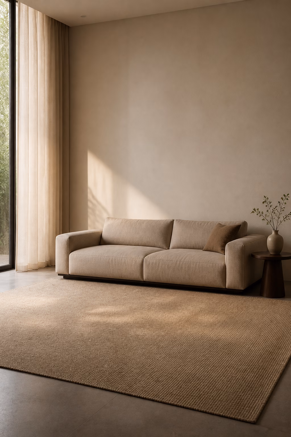 Clean minimalist living room with low linen sofa slim side table and open wall
