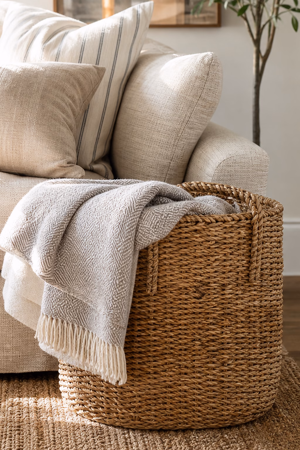 Large woven storage basket holding blankets beside a linen sofa.