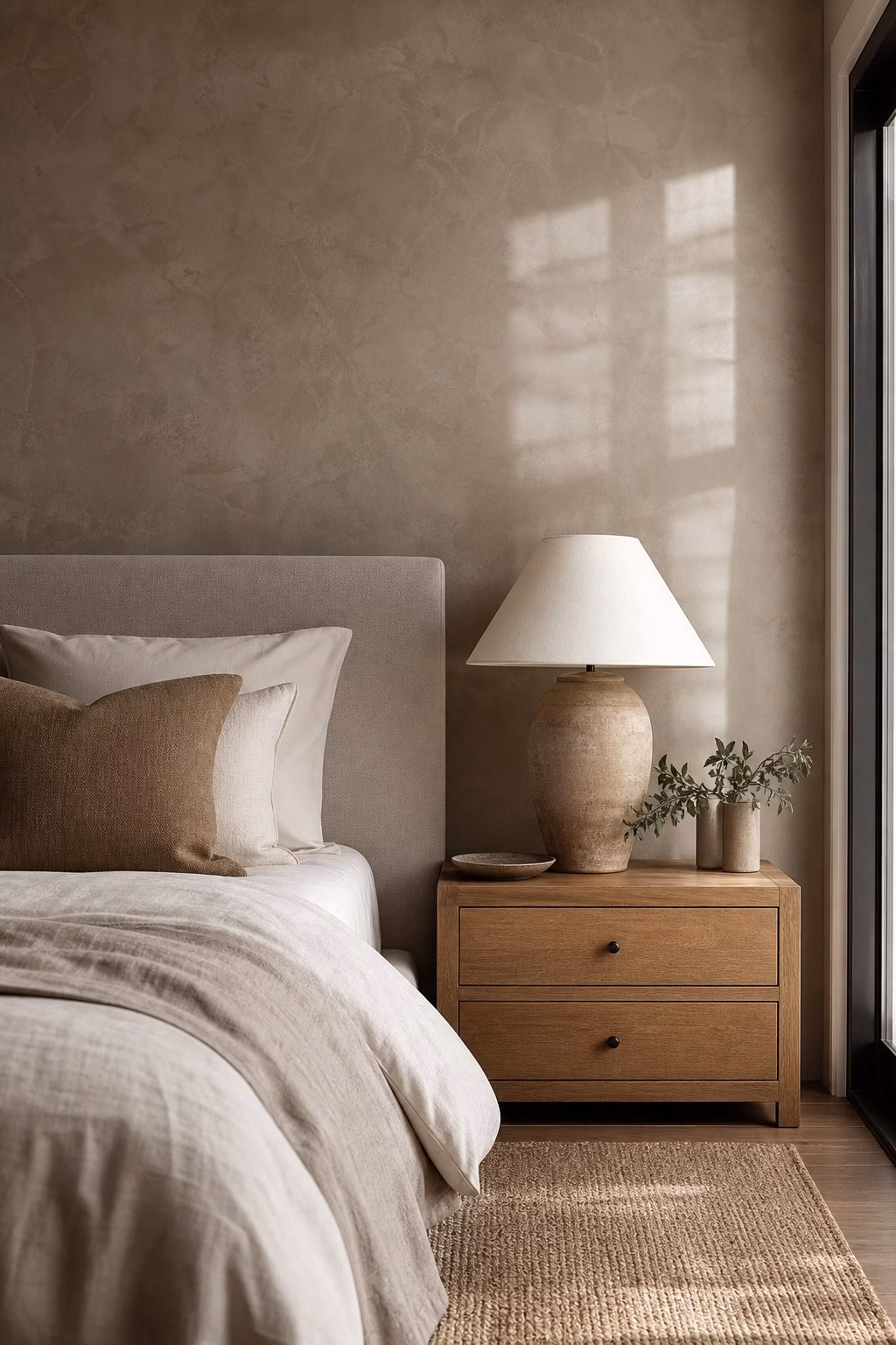 Textured plaster walls creating an elevated bedroom backdrop