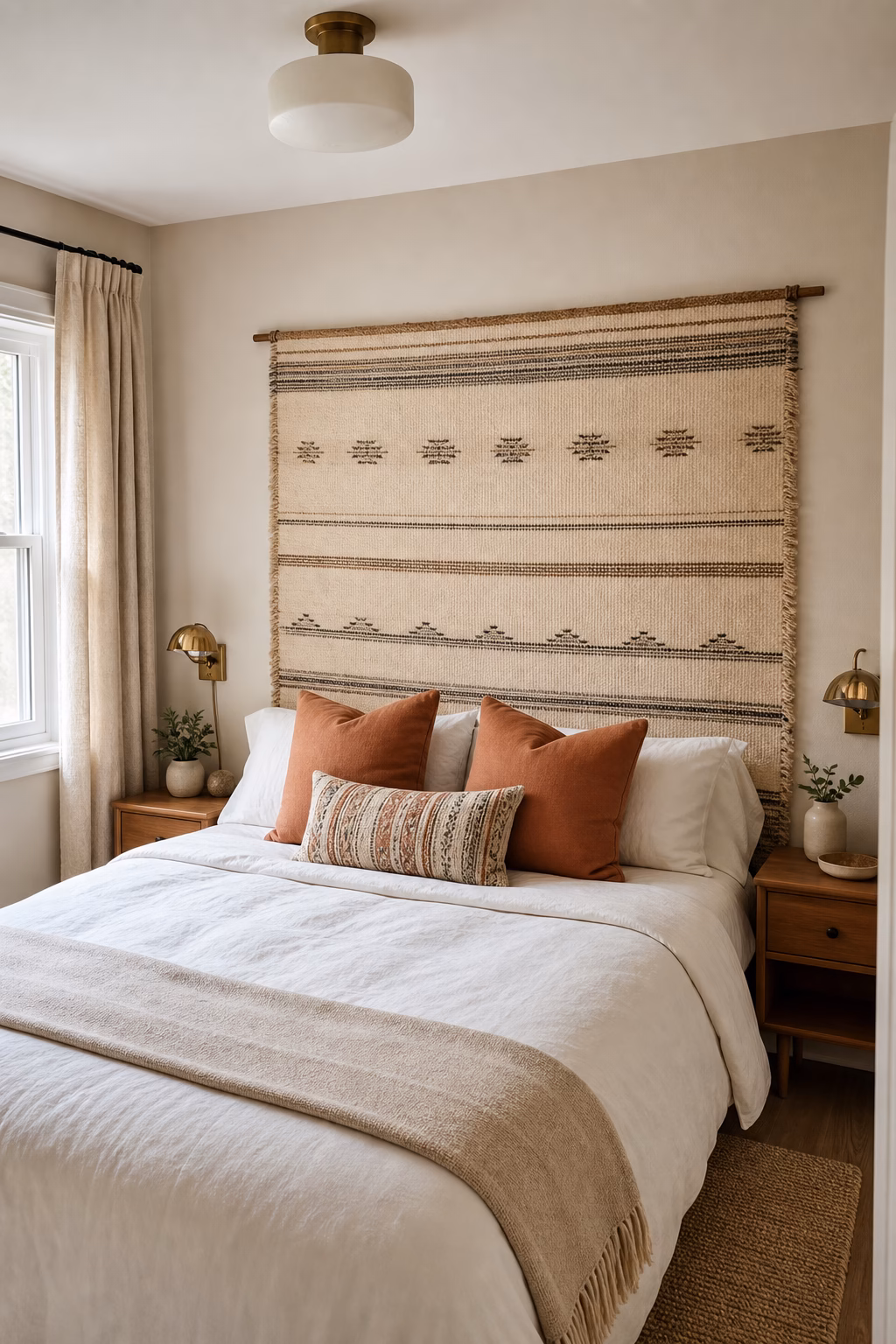 Woven wall tapestry used as a soft headboard alternative in a small bedroom.