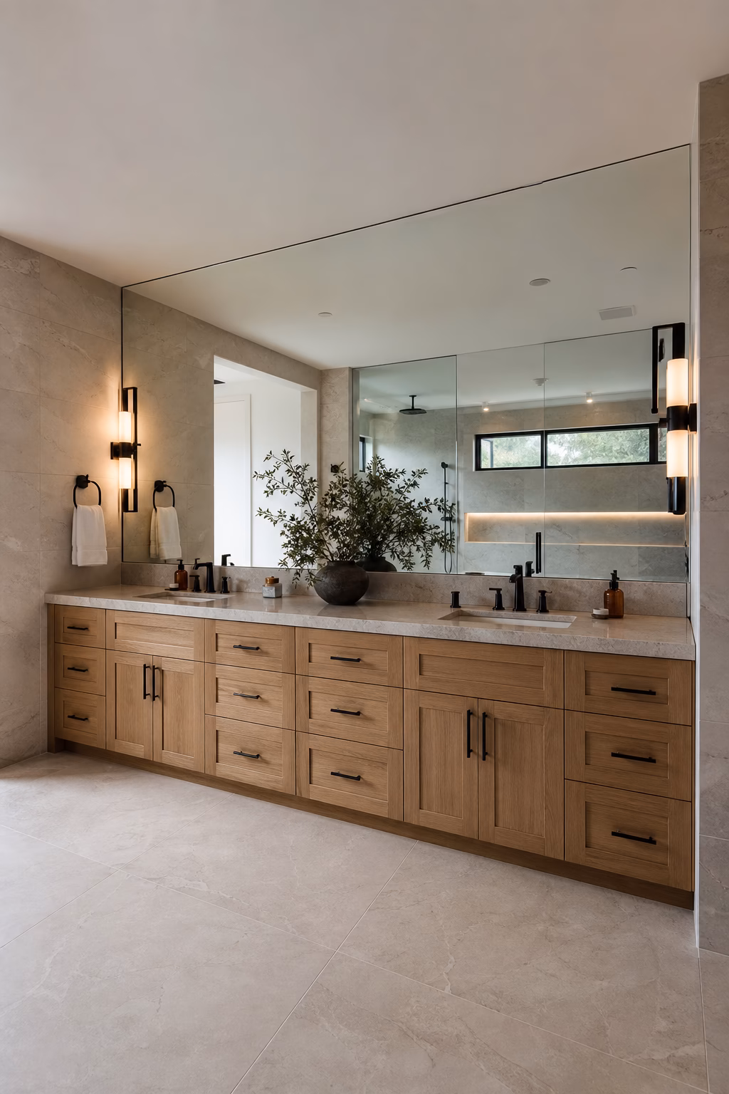 Wall to wall bathroom mirror above a double oak vanity with stone counters