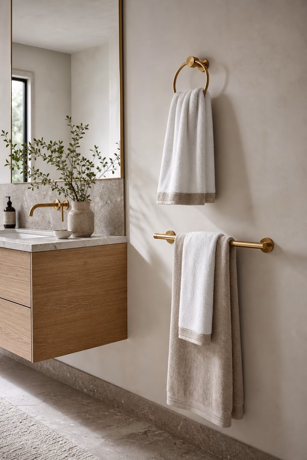 Brass towel ring and towel bar with white and oat towels beside oak vanity